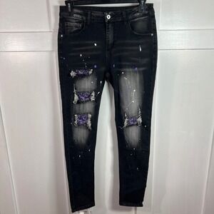 MANFINITY Mens Black Distressed Paint Splatter Jeans Size 32